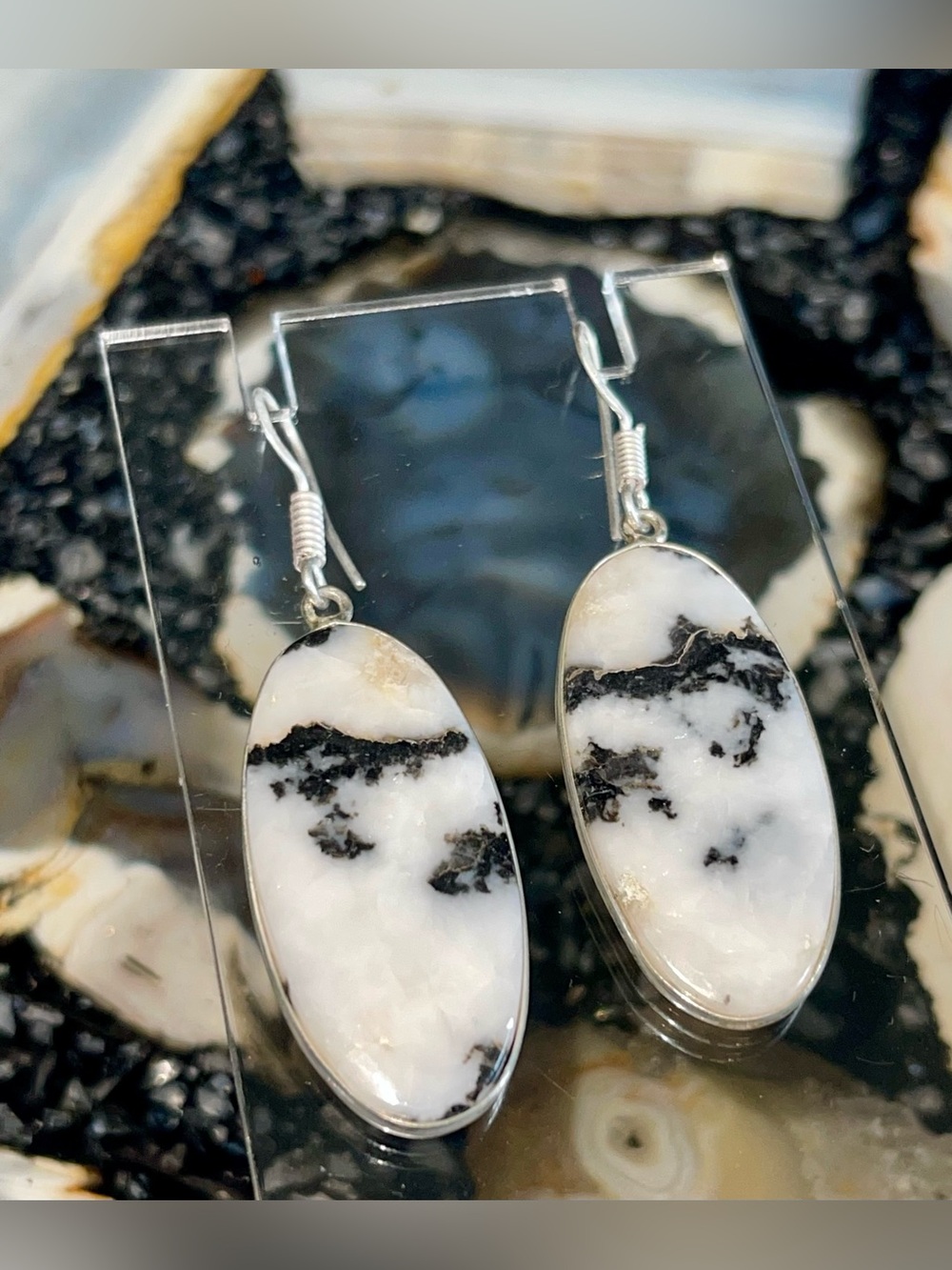 Thin White Buffalo Turquoise Earrings 2” - Picture 11 of 17